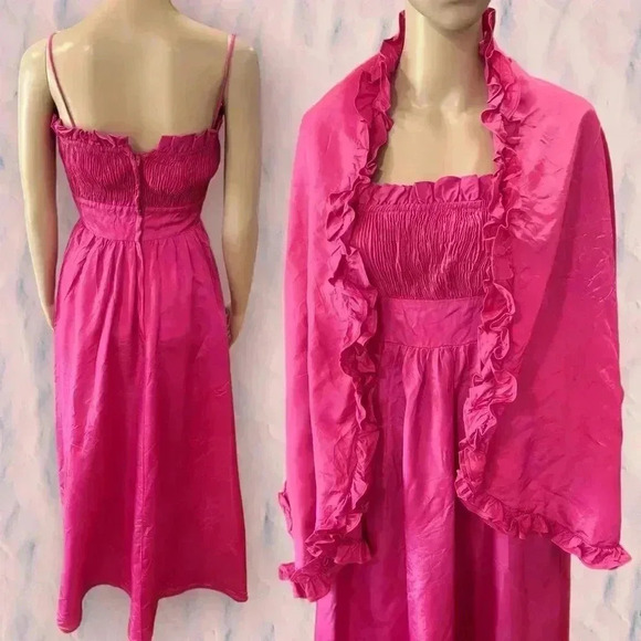 Vintage pink 80’s taffeta maxi dress matching shawl smocked top-Sm - Picture 5 of 14
